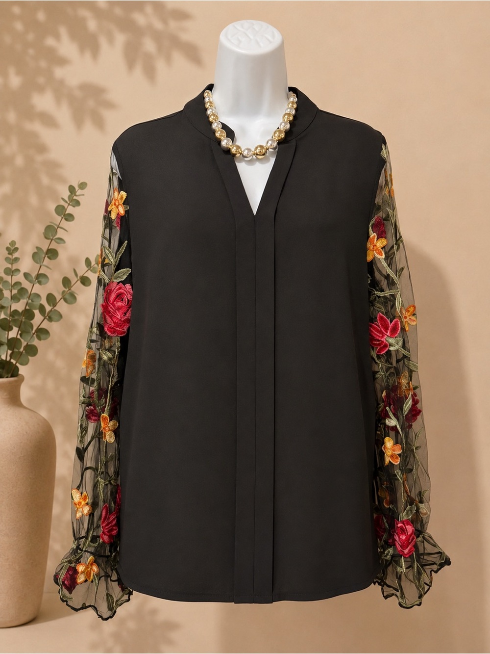 Embroidered Sheer Sleeve Black Blouse (NWOT)